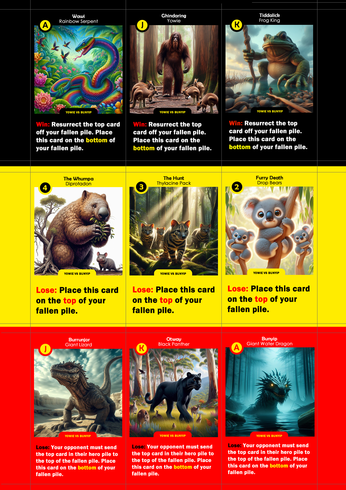 Yowie vs Bunyip print and play card sheet