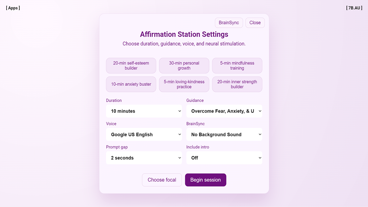 Desktop Affirmator settings with duration, guidance, voice, and BrainSync controls