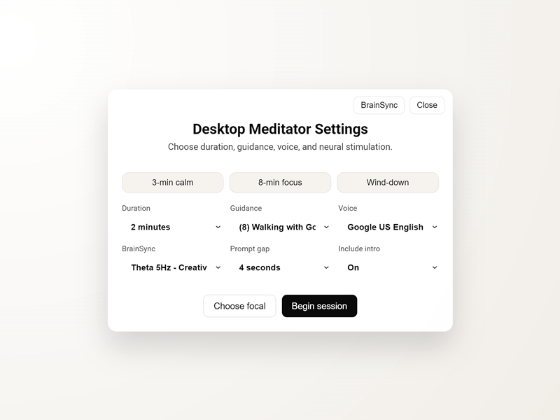 Desktop Meditator settings with duration, guidance, voice, and BrainSync controls